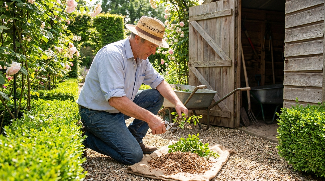 Depuis trois ans je réduis mes branches en copeaux sans broyeur : le jour où j’ai ouvert mon abri de jardin, j’ai réalisé que j’avais déjà tout