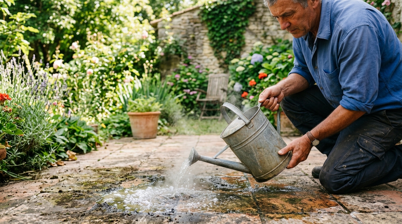 C’est la fin du Karcher : en 2026, ce mélange à moins de 2 € que l’on verse simplement sur les dalles fait le travail à votre place