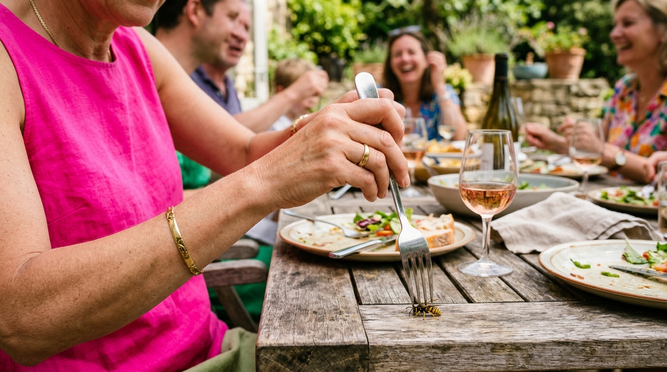 Je donnais un coup de torchon sec à chaque guêpe près de mon assiette : un entomologiste m’a montré ce que je déclenchais sans le savoir au-dessus de la table