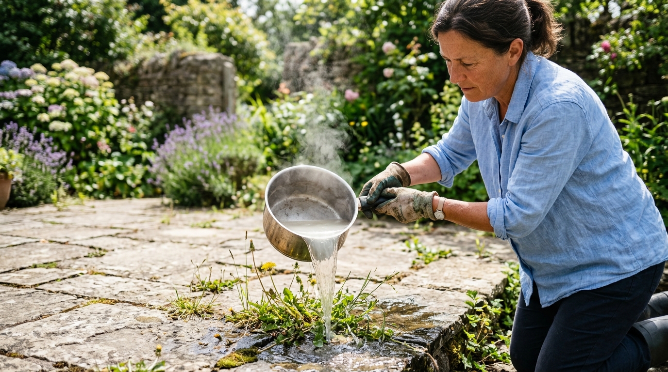 Je m’échinais à arracher les herbes entre mes dalles chaque week-end : un vieux jardinier m’a montré ce qu’il verse après chaque repas, je n’ai plus rien à faire